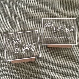 acrylic wedding signs on wooden stands